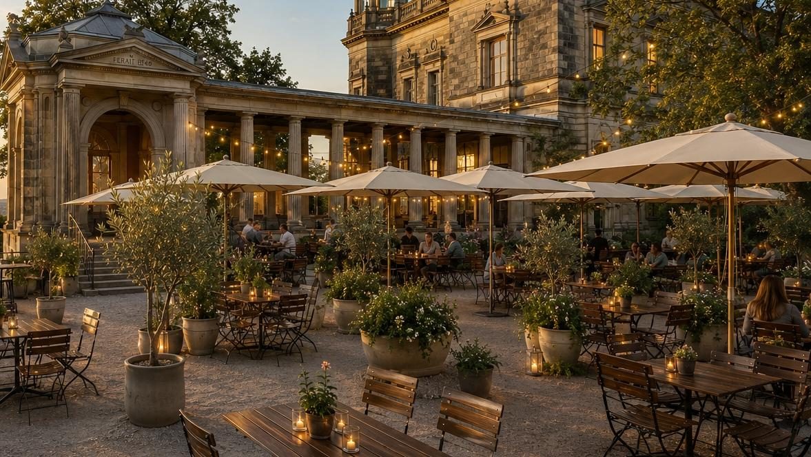 Konzeptdarstellung des Schlossgartens mit Gastronomie im Freien