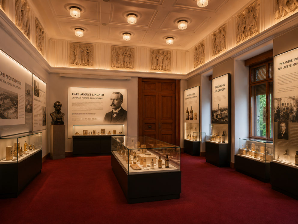 Ausstellungsraum im Lingnerschloss mit Tafeln zur Geschichte Karl August Lingners