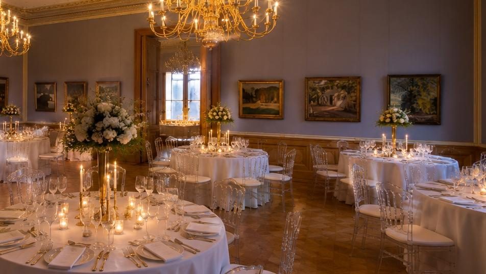 Konzeptdarstellung einer festlich gedeckten Tafel im Sternensaal