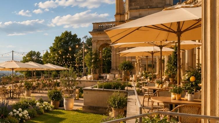 Konzeptdarstellung der Orangerie am Lingnerschloss mit Terrasse und Pflanzkübeln