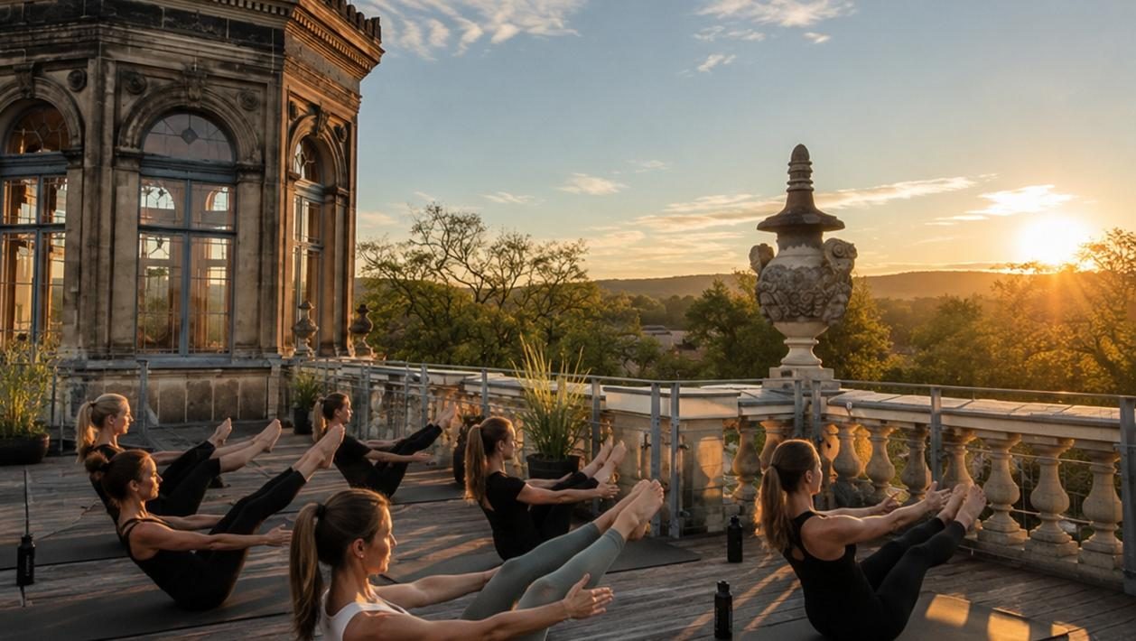 Konzeptdarstellung eines Yoga-Angebots auf der Dachterrasse bei Sonnenuntergang